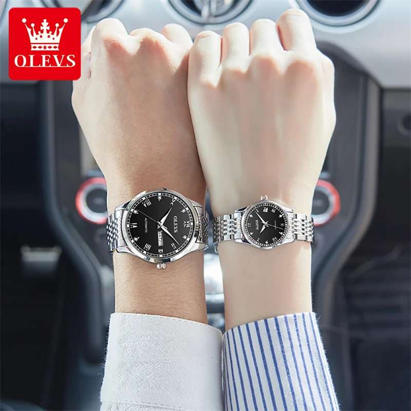 OELVS Brand Couple Watch Luxury Automatic Mechanical Watch Stainless Steel Waterproof Business Clock with Week Date Couple Gift