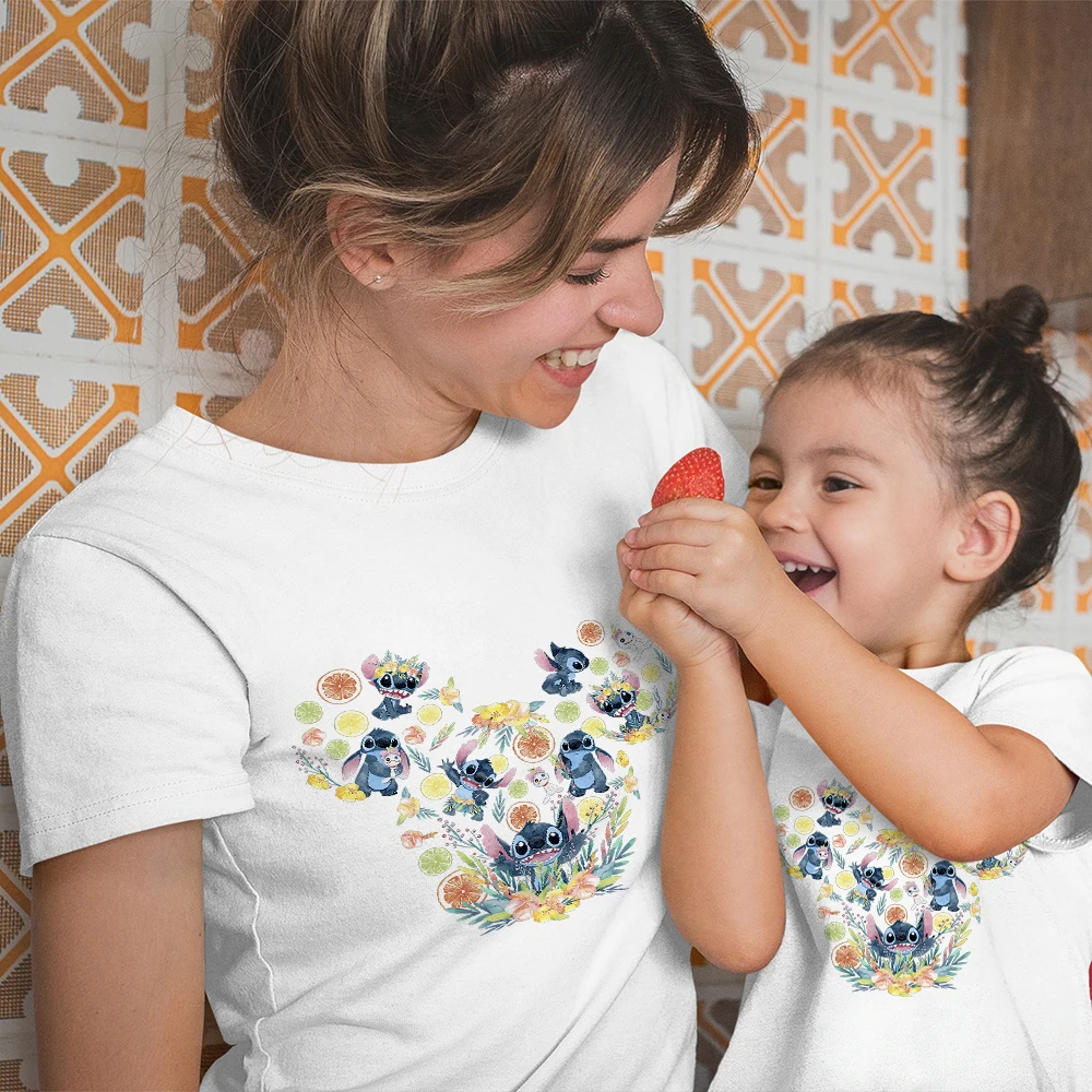 

Kawaii Stitch Mickey Creative Mother Kids Clothes 2023 Fashion Disney Vacation Casual Family Matching T-shirts Mom and Daughter