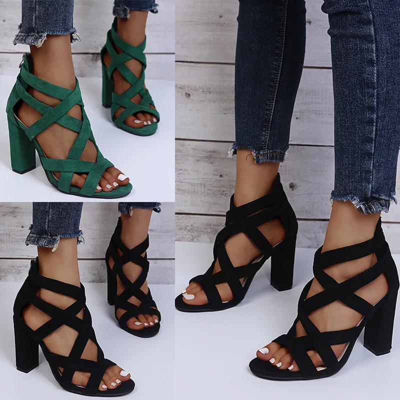 

High Heel Strap Sandals 2022 Summer New Sexy Cross Strap Rear Zipper Sandals Women