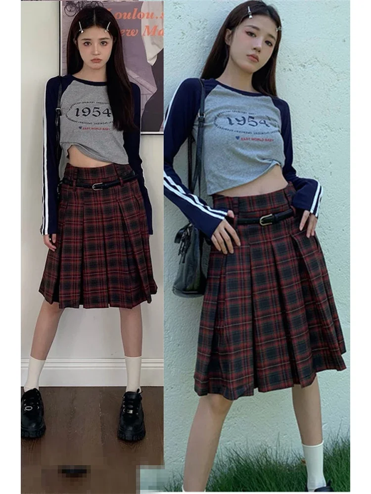 Женская красная клетчатая юбка в стиле Харадзюку винтажная плиссированная 1920-х