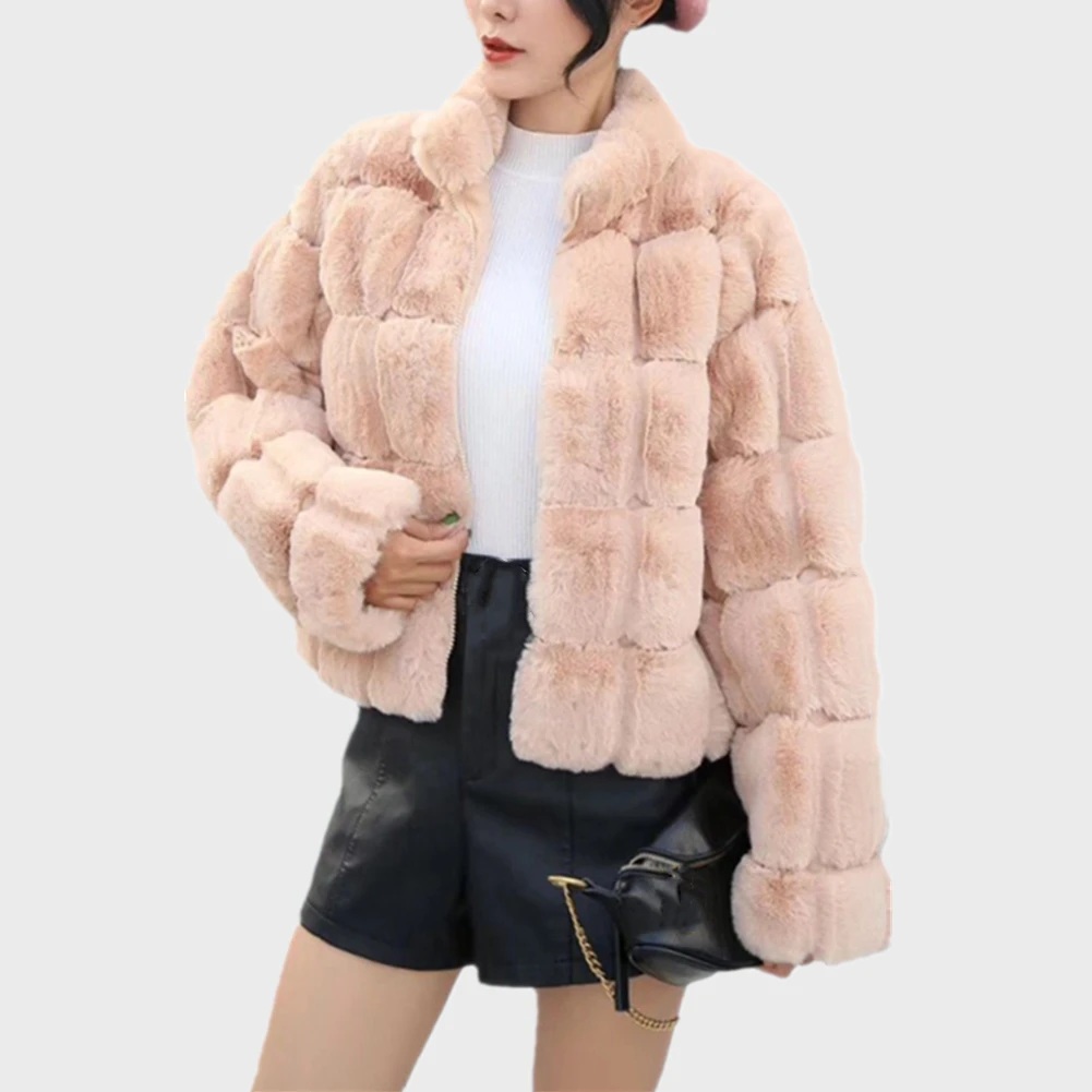 High Quality Women Winter Long Seleve Stand Collar Furry Faux Fur Coats Elegant Thick Warm Outerwear Fake Fur Jacket