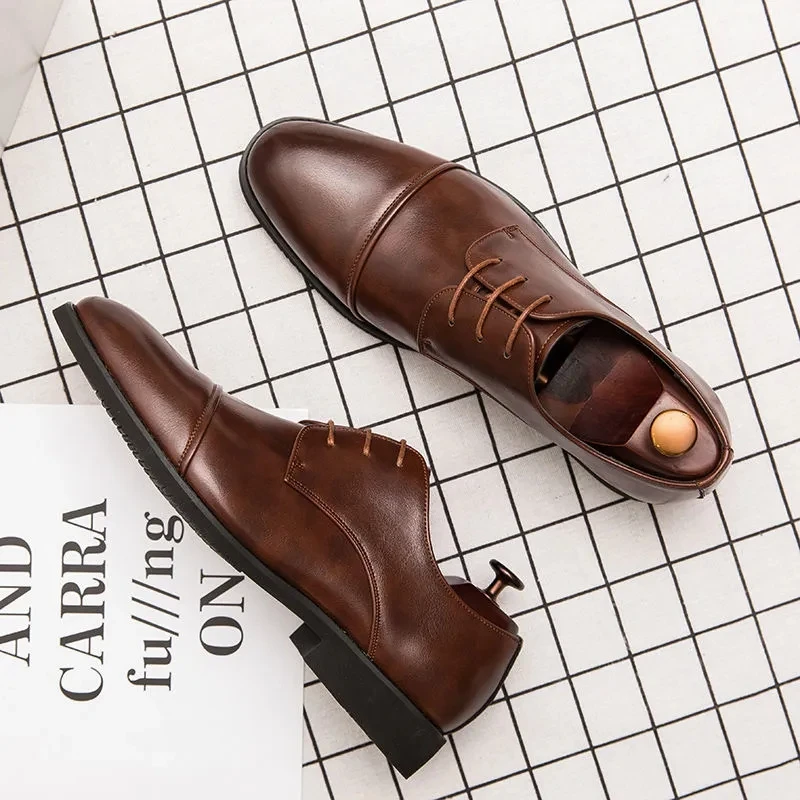 

Men's Leather Shoes Youth Business Large Formal Dress Fashion Casual Korean Version Inner Raised Pointed Lace Up Men's Shoes