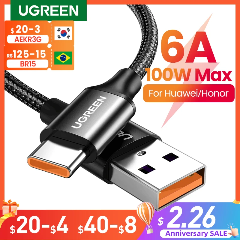 UGREEN 6A 5A USB Type C Cable Supercharge Quick Charge 3.0 Fast USB C Charging Data Cable Type-C USB Wire For Huawei P30 Pro P20