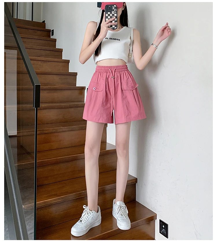 Шорты женские с эластичным поясом тонкие широкие свободные бриджи кулиской