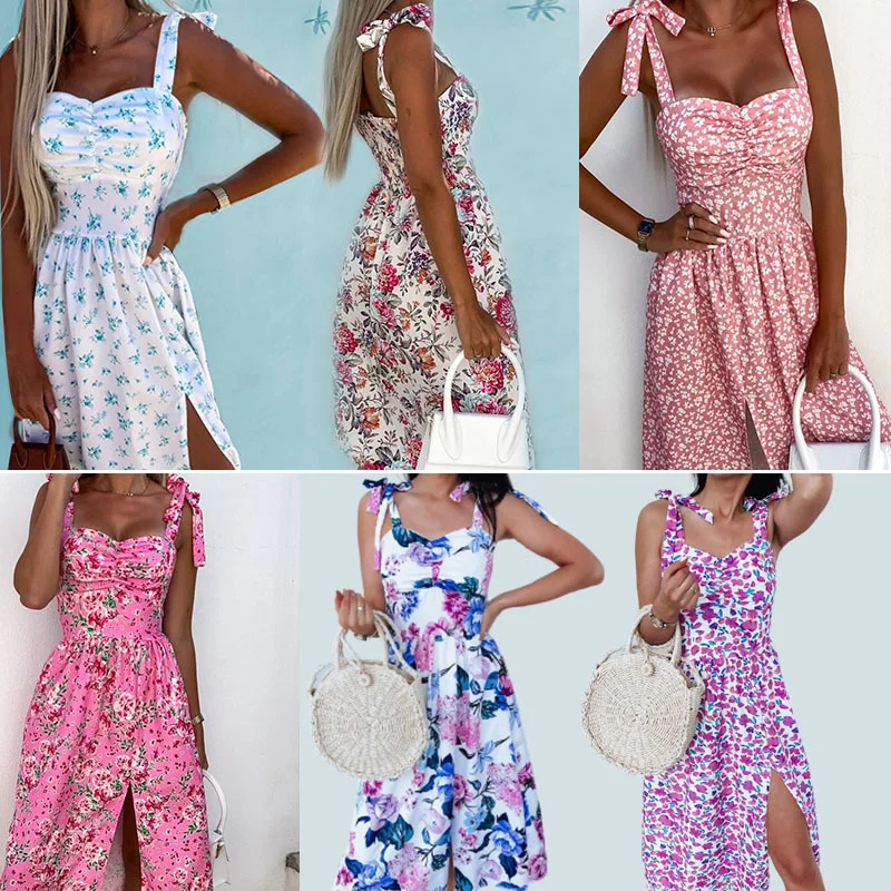 

Платье женское на бретельках-спагетти, пикантный сарафан с цветочным принтом, без рукавов, на бретельках, с вырезом лодочкой, Пляжная вечерн...