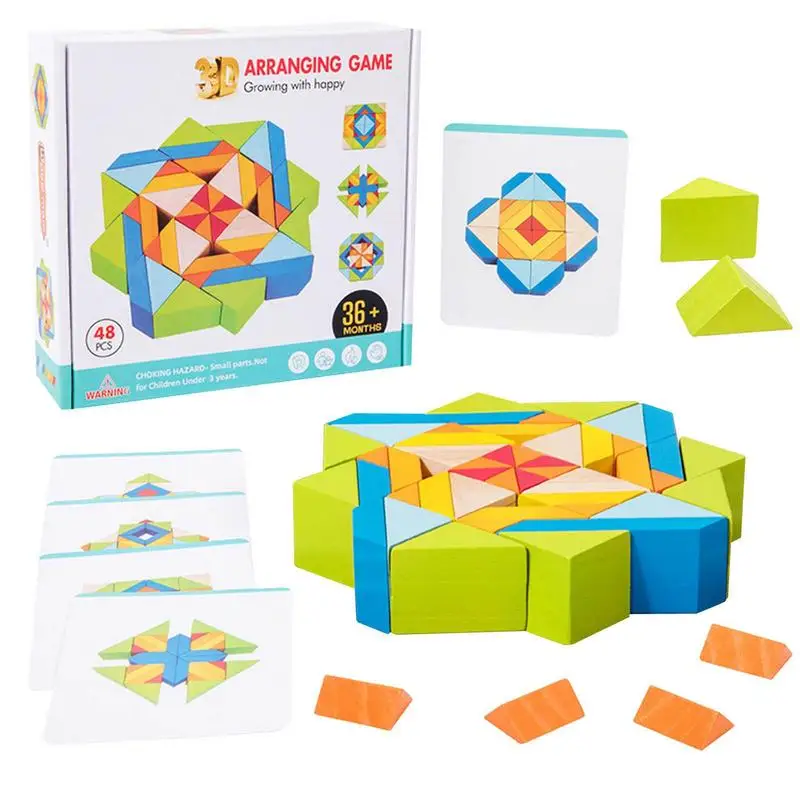 

Pattern Blocks Instructional Geometric Shapes For Kids 48 Pcs Wooden Pattern Puzzle With 10 Double-sided Design Cards Colored 3D