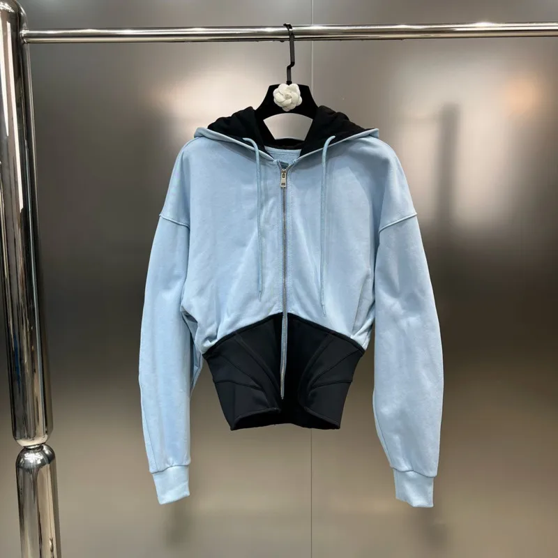 

BORVEMAYS All-match Casual Sweatshirt Coat Hooded Collar Long Sleeve Zipper Patchwork Loose Autumn New Jacket Trend WZ5480