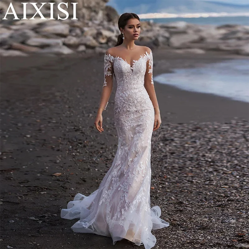 

Женское свадебное платье с юбкой-годе, элегантное кружевное платье с V-образным вырезом, открытой спиной, пуговицами и полурукавами, со шлейфом