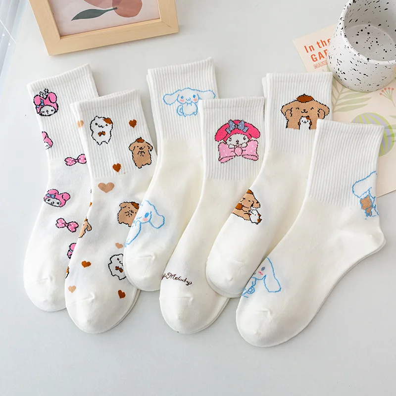 

6Pairs/Set Sanrio MyMelodyCinnamoroll Pompompurin New Autumn Socks Women's White Mid-calf Socks Fashionable and Versatile Casual