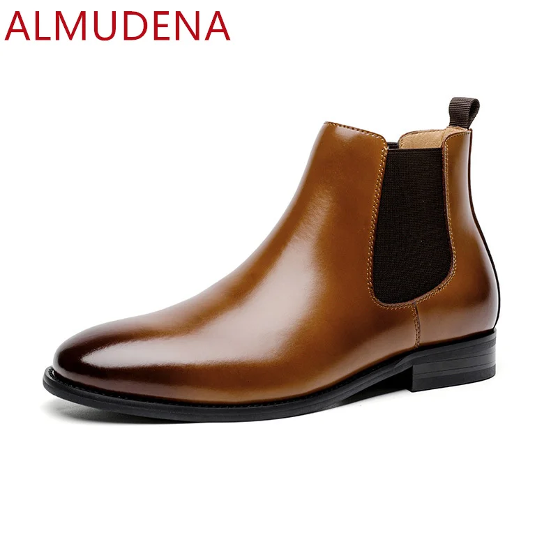 Winter Men Chelsea Boots Genuine Cow Leather British Style Vintage Round Toe Med Heels Ankle Shoes Slip On Business Office Shoe