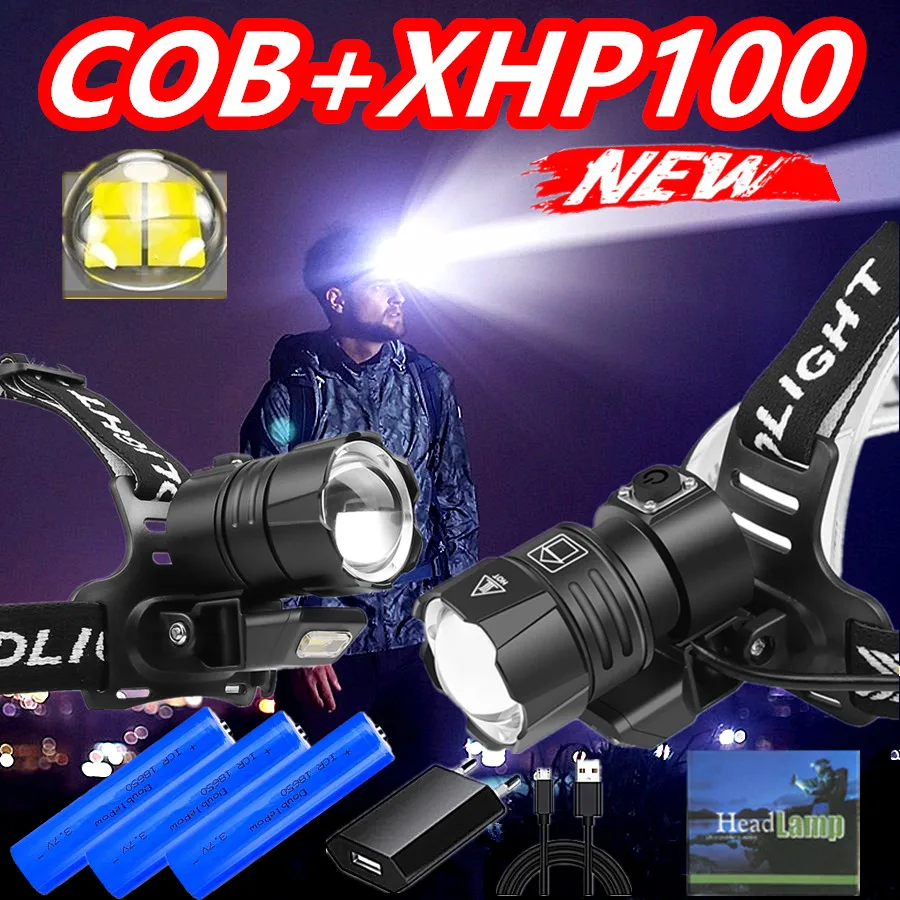 

800000LM XHP100 USB Rechargeable Led With COB Light Headlamp XHP90.3 Powerful Headlight Hunting Lantern Waterproof Use 3x18650