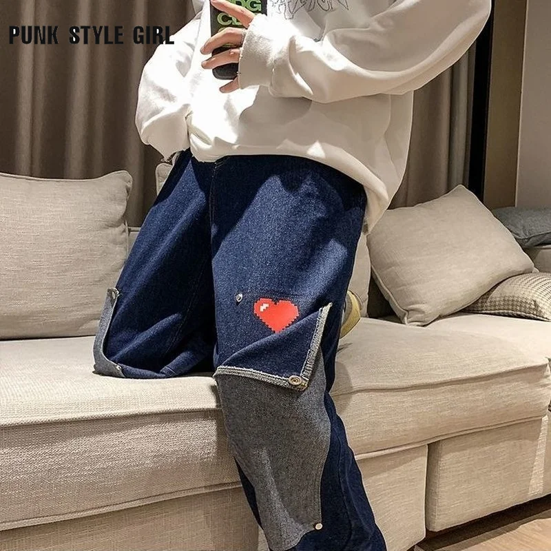 

Blue Hippie Baggy Jeans Women Grunge Oversize Denim Straight Pants Fairycore Patchwork Cute Heart Print Wide Leg Trousers 2022
