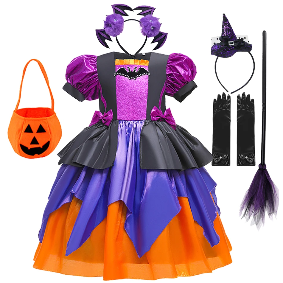 

2022 Children Halloween Cosplay Vampire Dress With Pumpkin Bag Girls Witch Dress Ball Gown Kids Robe Clothing