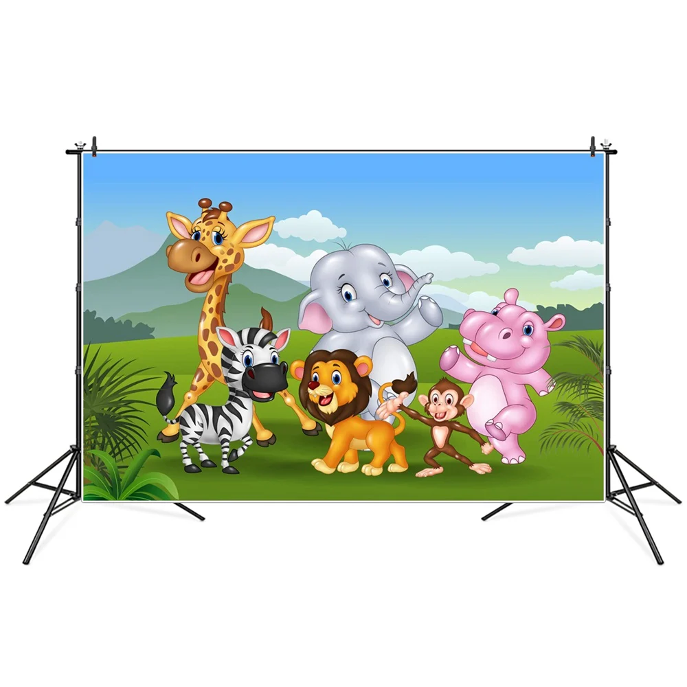 

Jungle Safari Party Birthday Decoration Photography Backgrounds Banner Baby Green Grassland Mountais Animals Photo Backdrops