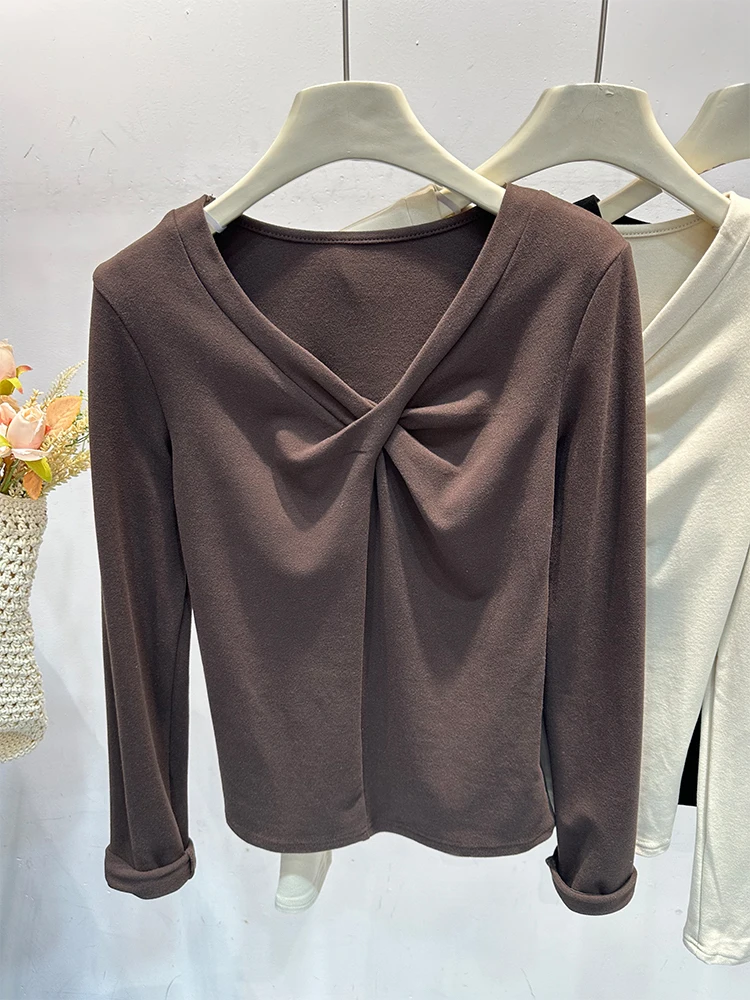 Korean Series Twist Design Sense V-neck Long sleeves Shirt Women Autumn and Winter 2024 New Slim fit Slimming Chic Thin Velve...