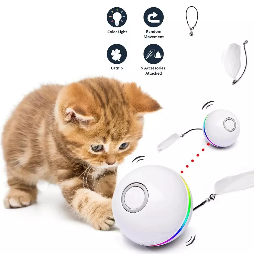 

Interactive Cat Toys Ball USB Rechargeable Smart Automatic RollingToys Self Rotating Colorful Led Feather Bells Toys for Cats