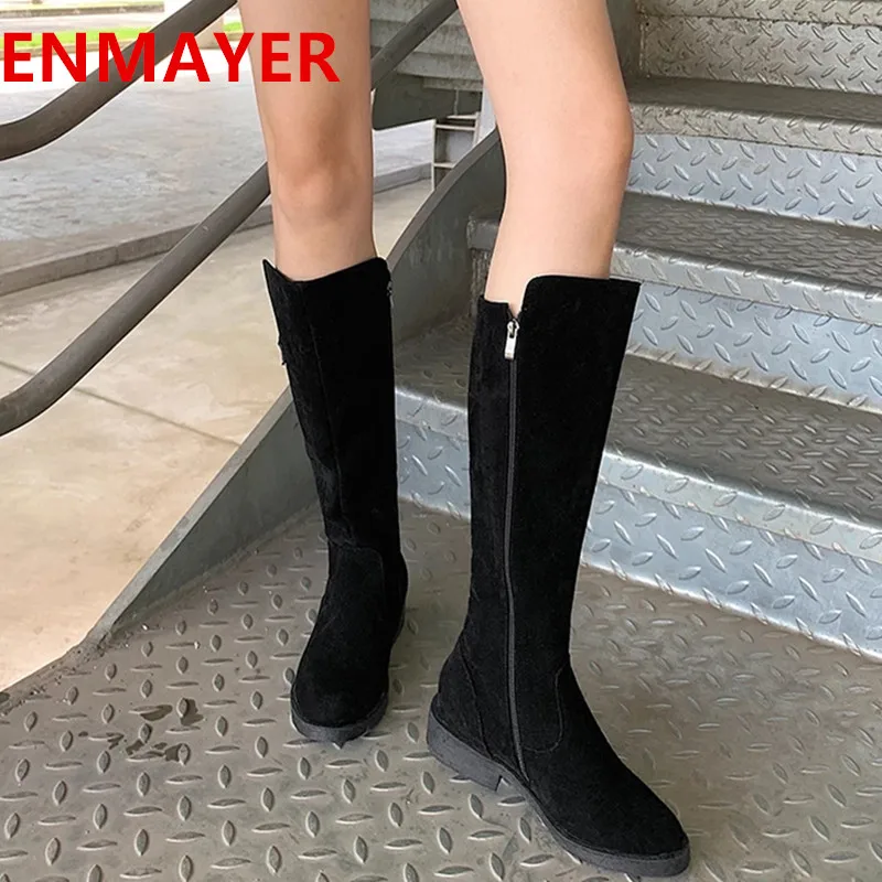 

Cow Suede Camel Oversized Boots Brown Belt Buckle Nubuck Low-Heeled Knee-Length Boots Thick Heel Winter Warm Black Women's Shoes