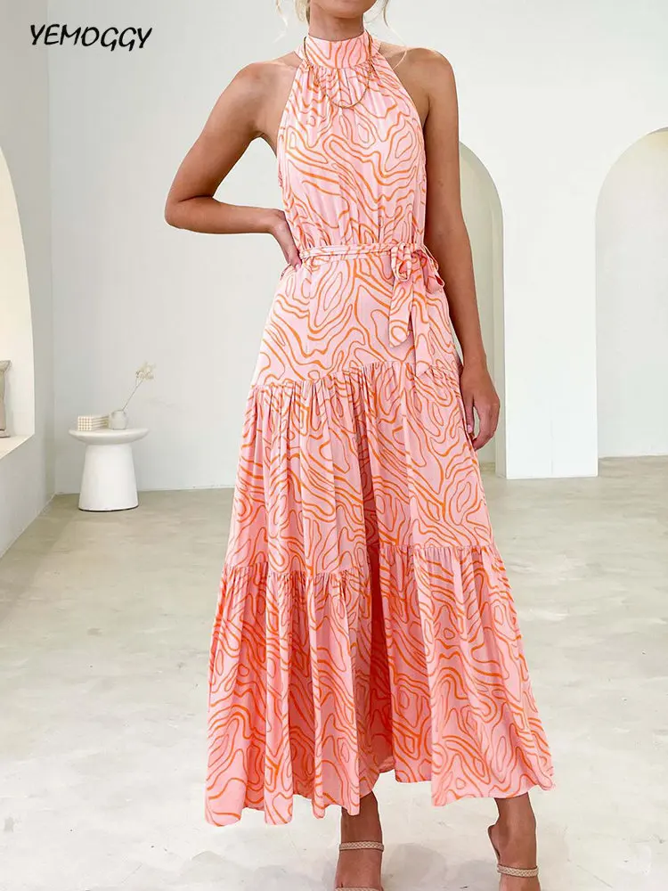 

Women Printed Maxi Long Dress 2023 Summer New Elegant Loose Fitting Dresses Fashion Print Lace Up Big Swing Boho Dress Vestidos