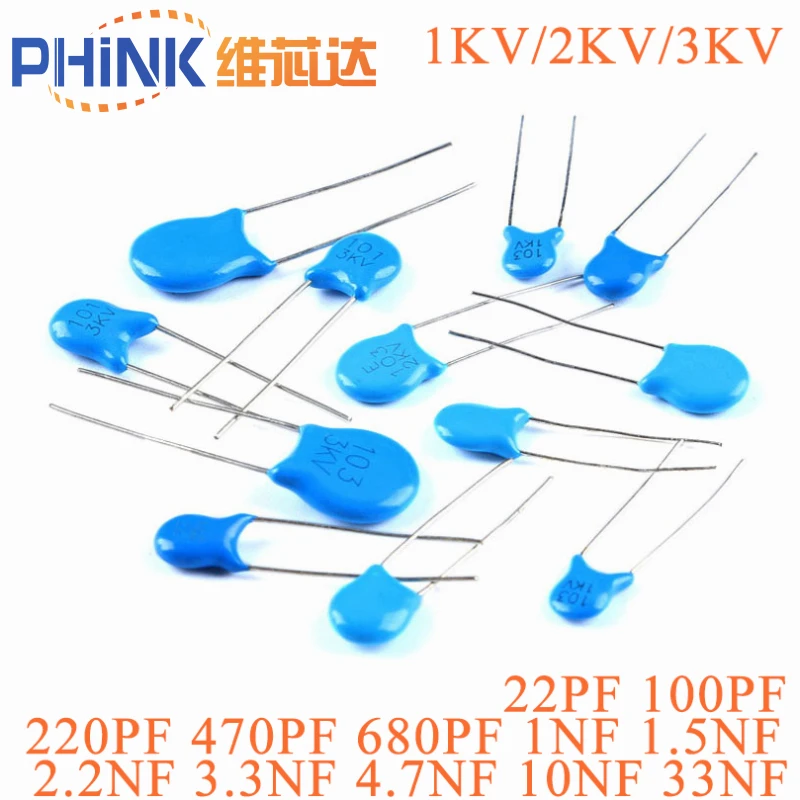 

100pcs High Voltage Ceramic Capacitor 3KV 2KV 1KV 22PF 100PF 220PF 470PF 680PF 1NF 1.5NF 2.2NF 3.3NF 4.7NF 10NF 33NF Capacitance