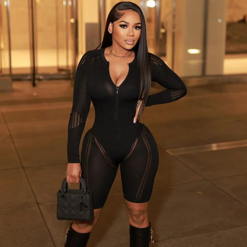 

Zoctuo черный цельный комбинезон, женские шорты, модные облегающие Комбинезоны на молнии с длинным рукавом, 2023 Сексуальная Женская Клубная одежда, женская одежда для ночного выхода