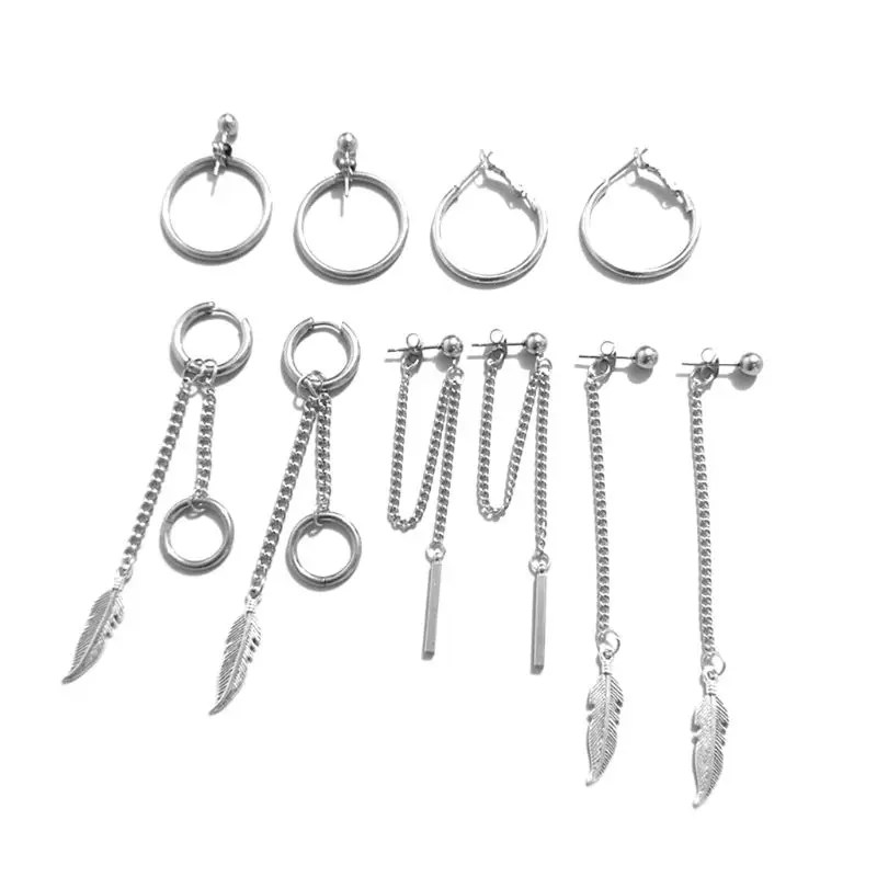 

10 Pcs/set Personality Versatile Men and Women Earrings Simple Stylish Long Stainless Steel Silver Color Ear Jewelry