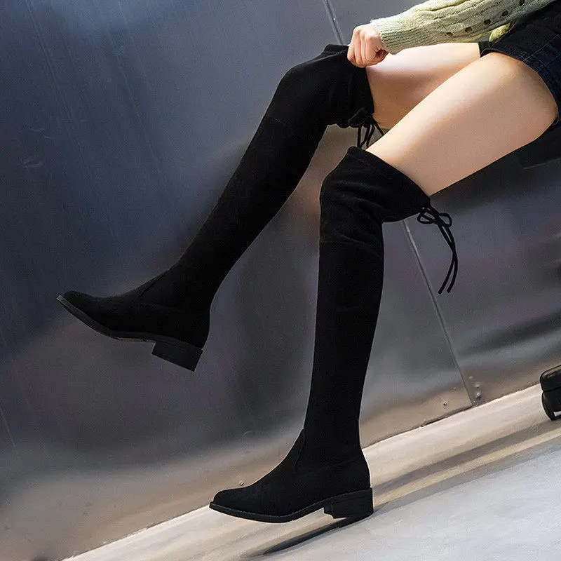 Stretch Fabric Sock Boots Women Sexy Pointy Toe Pump Over-the-Knee Heel 3/6/8cm New Thigh High Pointed Toe Woman Boot Heel Shoe