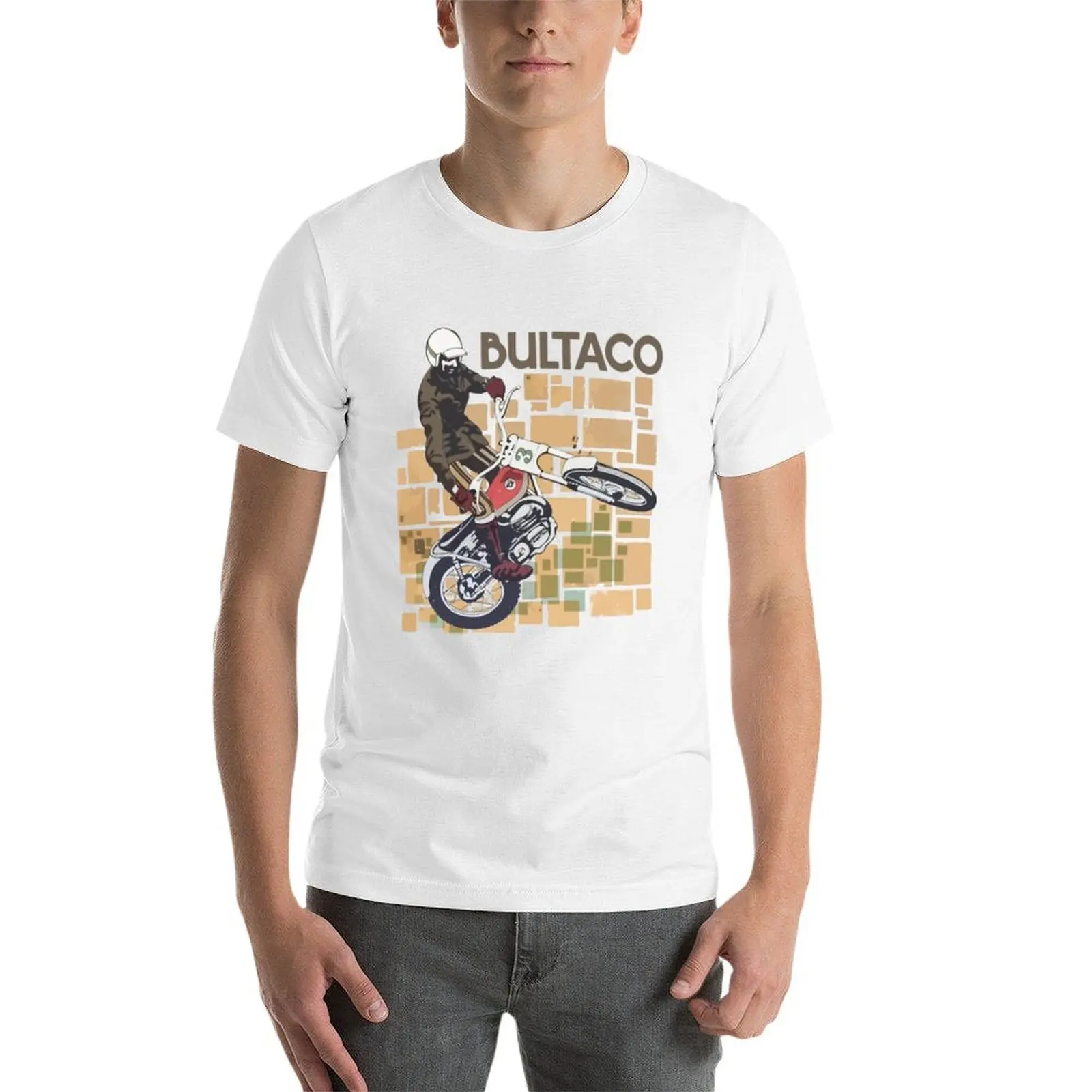 Фото Мужская футболка Camiseta Bultaco Rider man En Acción, хлопковая футболка, рубашки, винтажная футболка с рисунком Moto для Saltando №3