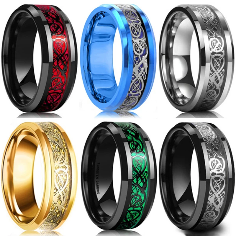 

Мужское кольцо 8 мм из нержавеющей стали с инкрустацией дракона красное зеленое черное кольцо из углеродного волокна обручальное кольцо ювелирные изделия Размер 6-13