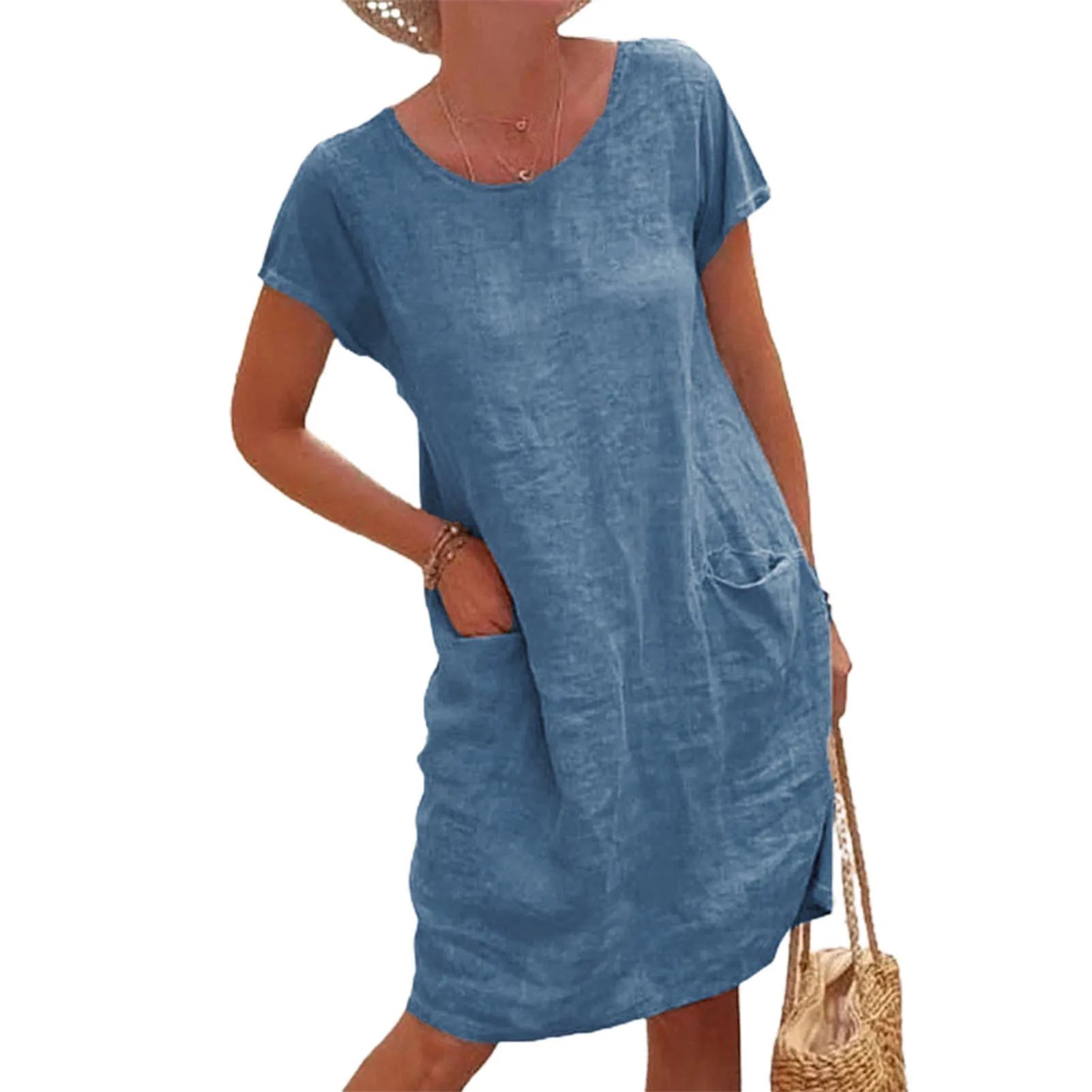 

Women Casual Loose Mini Dress Pockets O-Neck Short Sleeve A-Line Linen Solid Dress Fashion Stylish Party Club Vestidos Plus Size