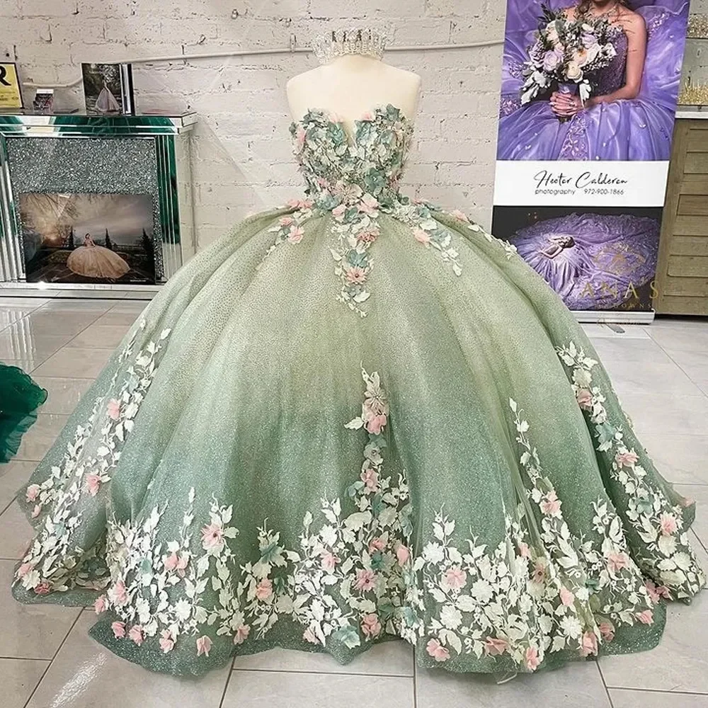 

ANGELSBRIDEP Light Green Handmade Flowers Quinceanera Dresses Ball Gown Sweetheart Sleeveless Appliques Corset For Sweet 15 Girl