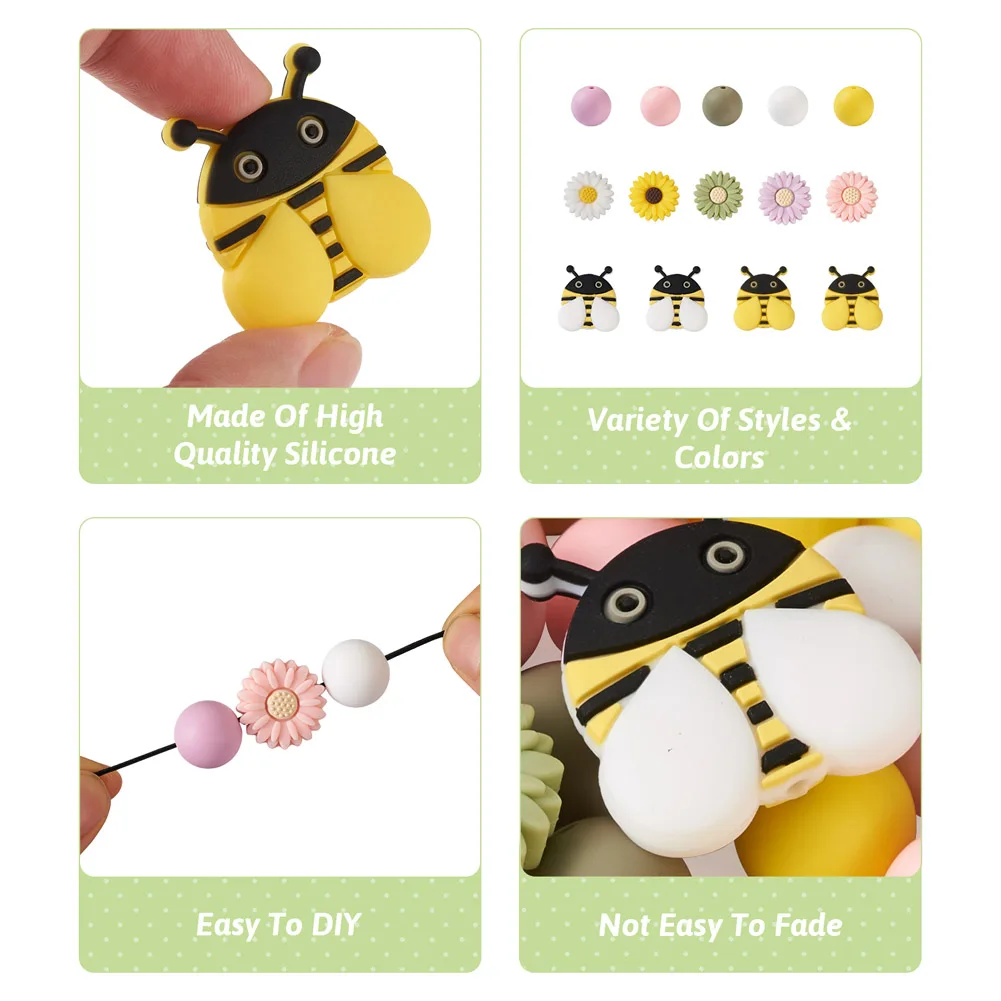 Silicone Beads Round & Daisy & Bees Shape Mixed Color for DIY Necklaces Bracelets Jewelry Making Craft Supplies