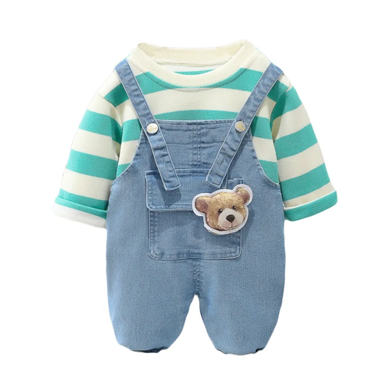 

Children Fashion Clothes Suit Spring Autumn New Baby Boy Girl Cotton Striped Tops+Denim Suspenders 2Pcs/sets Toddler Clothing