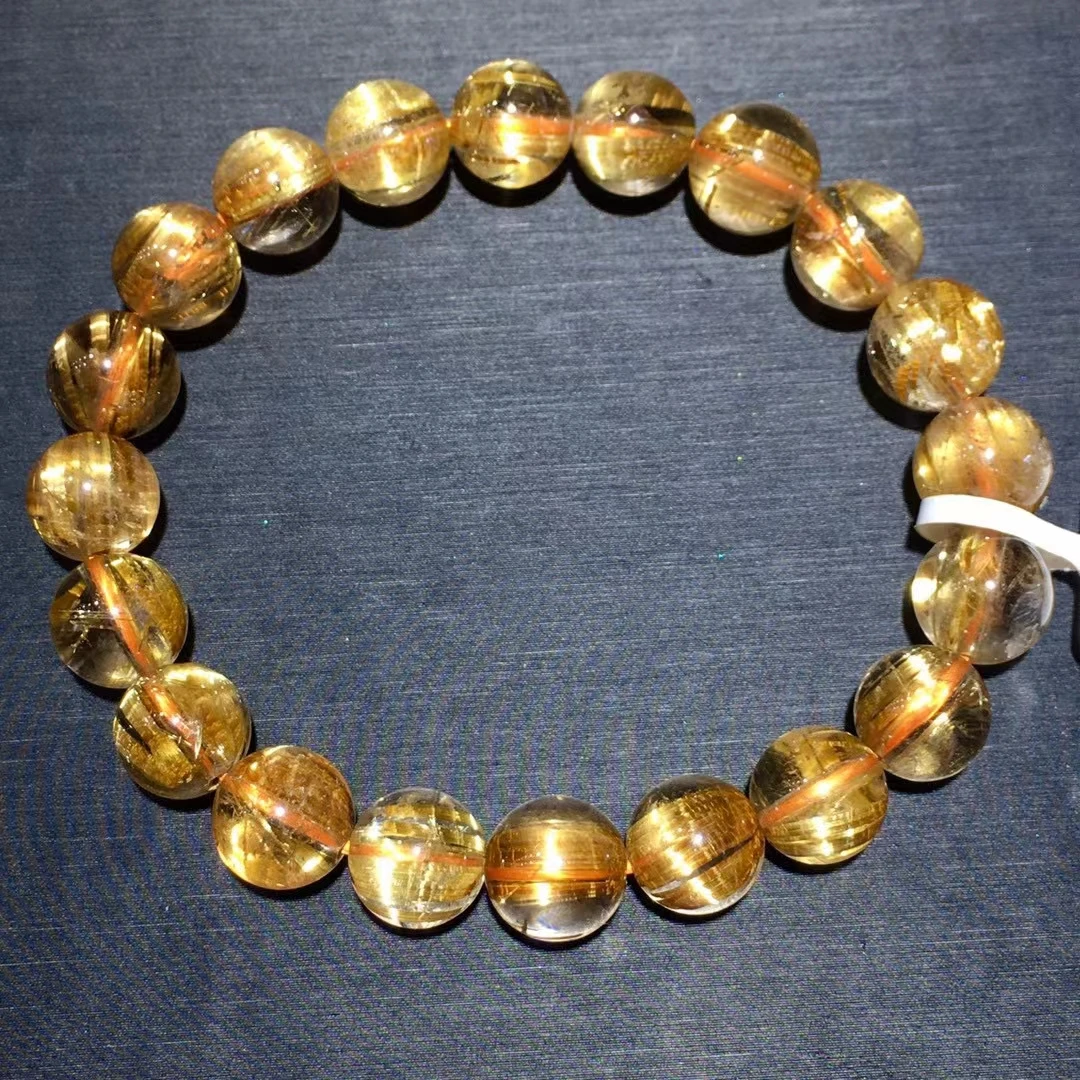 

Natural Gold Rutilated Titanium Quartz Bracelet Woman Men Brazil Wealthy 9.4mm Clear Round Beads Crystal Charms AAAAAA