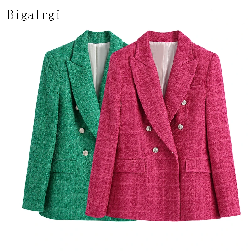 

Autumn Winter Tweed Blazer Coat Women Fashion Double Breasted Jacket Coats Vintage Long Sleeve Woman Outerwear 2022