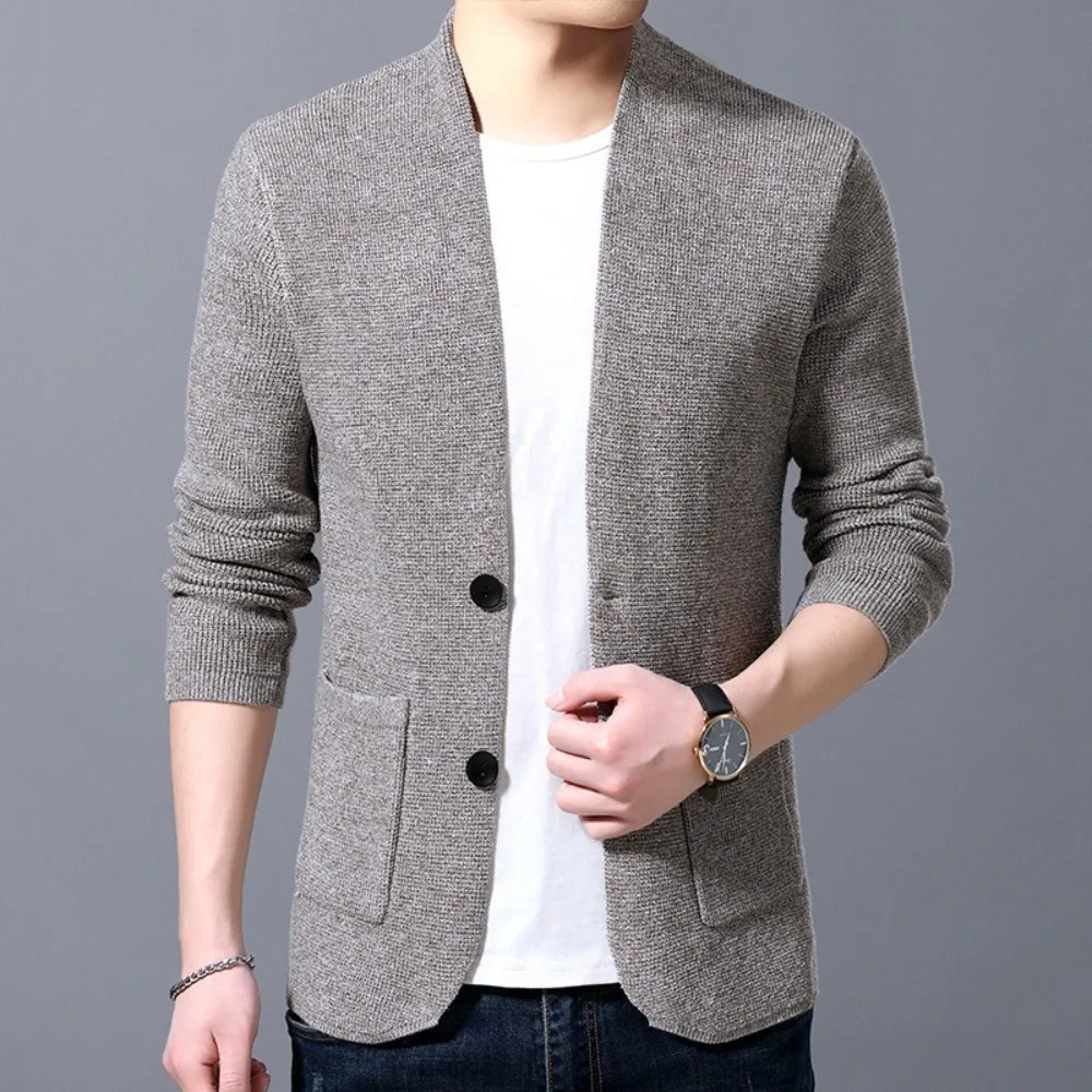 

New men's stand collar sweater pocket coat men's autumn knit cardigan business casual thin sweater