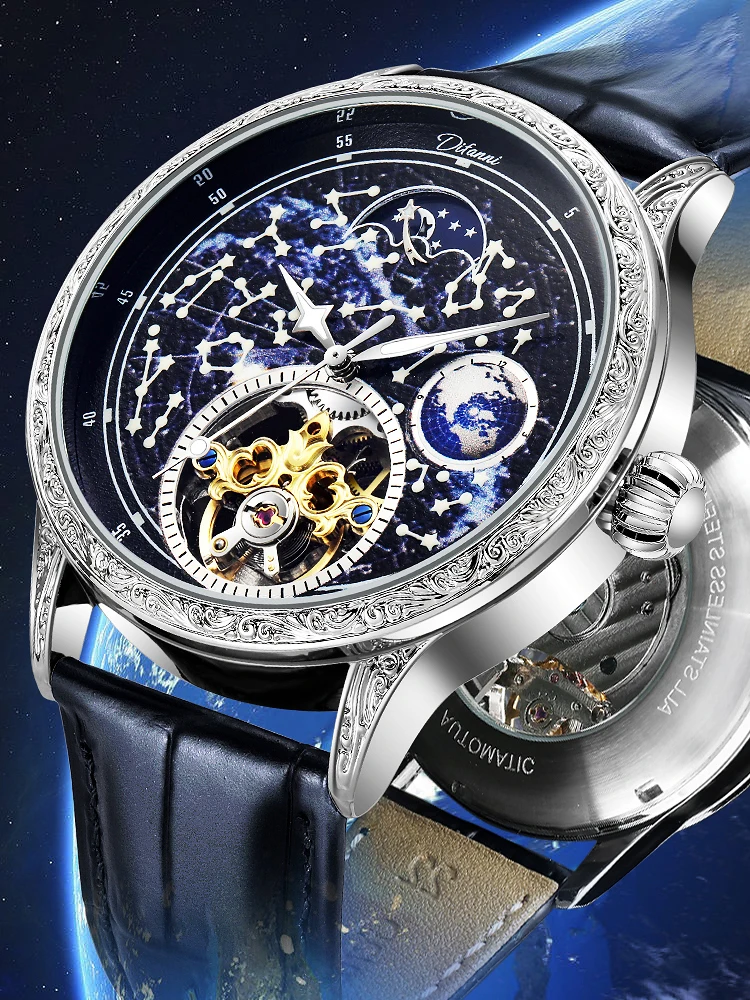 Светящиеся мужские часы с турбийоном и фазой Луны деловые автоматические