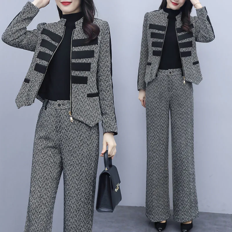 

Tweed Two Pieces Set Women Vintage Stand Collar Long Sleeve Jacket Office Lady Slim Blazer Coat Female Hight Waist ​Long Pants