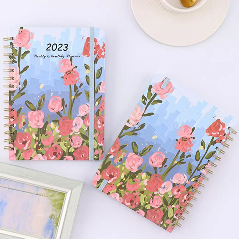 

2023 A5 блокнот на английском языке с цветочным узором на катушке, ежедневный блокнот, планировщик расписания, офисный блокнот, еженедельный Schoo K3K5