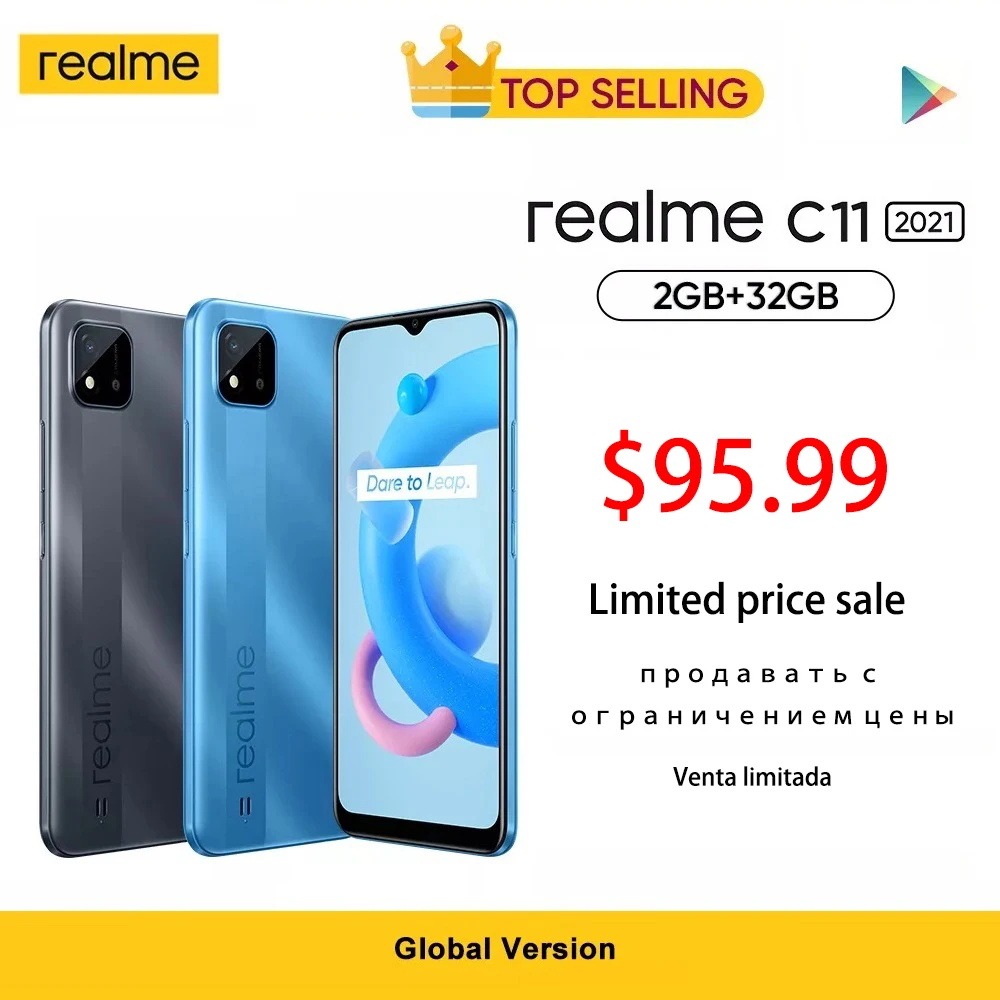 

realme C11 2021 Смартфон Глобальная версия Многоязычный Google Play 2 ГБ 32 ГБ 6.5 HD + Дисплей 5000mAh мега батарея 2 SIM 1 SD