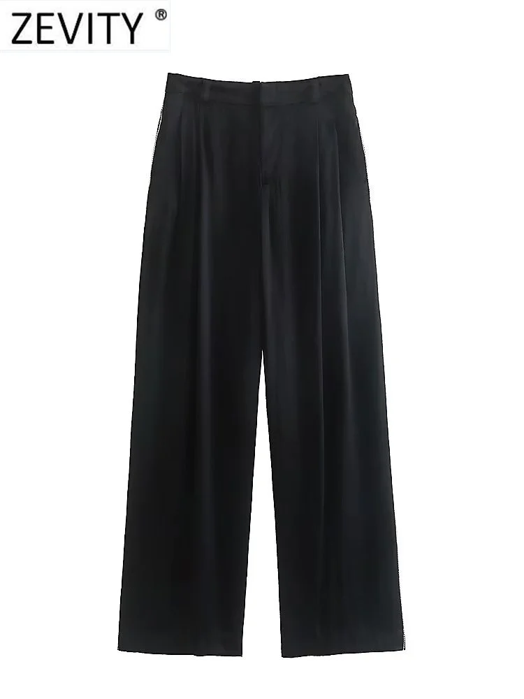 

Zevity Women Fashion Front Pleats Side Diamond Design Black Soft Satin Pants Female Long Trousers Pantalones Mujer Pants P3216