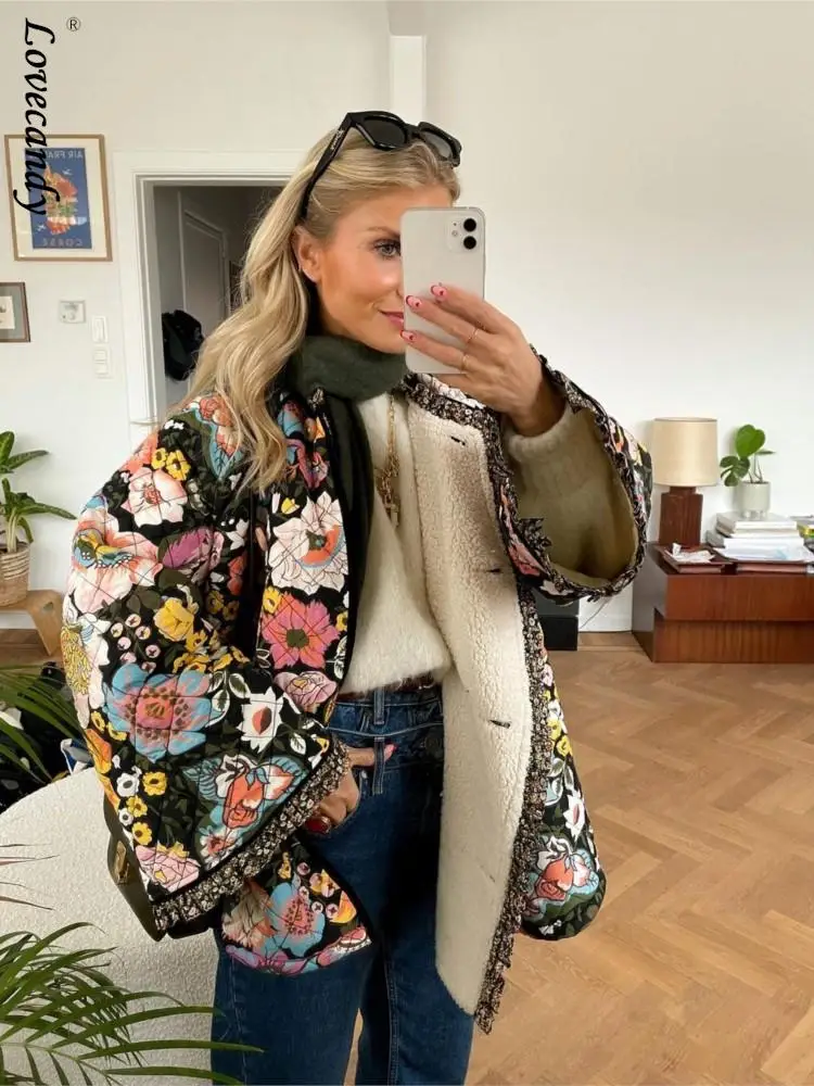 

Women Vintage Flower Print Flared Sleeve Cotton Coat Ladies Fashion Long Sleeve Jacket Coats Female Chic Loose Street Overcoat