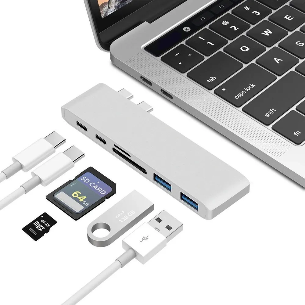 

6 In 1 Aluminum USB C Hub USB Type C Hub Adapter Dongle Compatible For MacBook Pro 13" 15" 2016 2017 Thunderbolt 3 USB-C Data