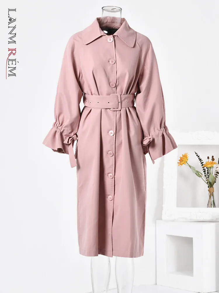 

LANMREM Pink Windbreaker Fo Women 2023 Autumn New Flare Sleeves Single Breasted Belt Trench Coat Korean Style Fashion 2DA1813
