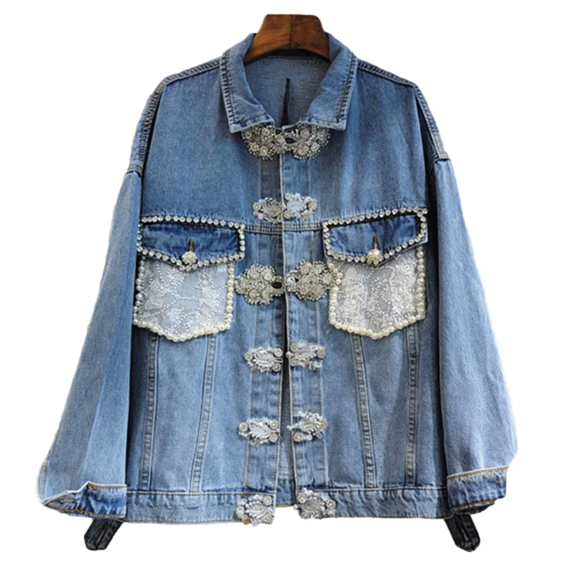 

Vintage Wash Blue Beading Diamonds Splicing Lace Pocket Denim Jacket Women Loose Short Outerwear Long Sleeve Jeans Jacket Female