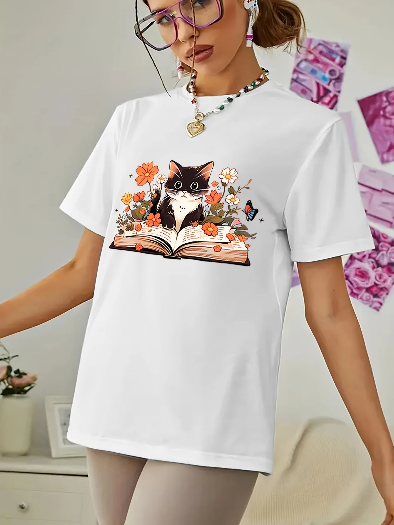 Женская Повседневная Футболка С Круглым Вырезом И Цветочным Принтом Вязаный