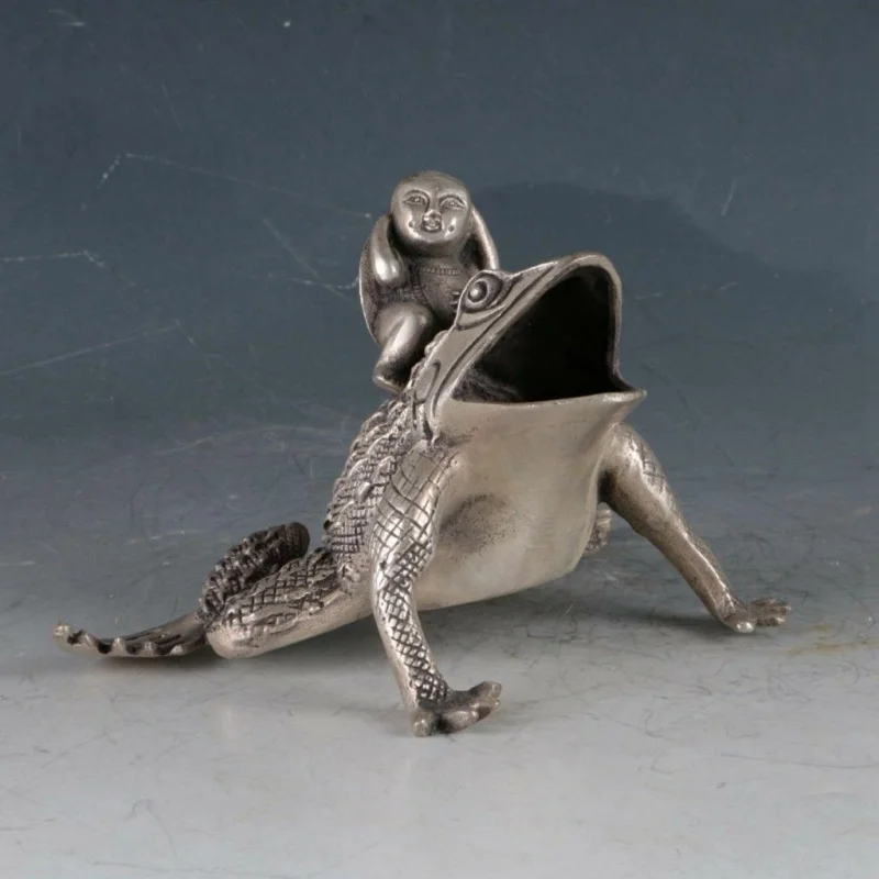 

Exquisite Tibetan Silver Frog and Doll Statue