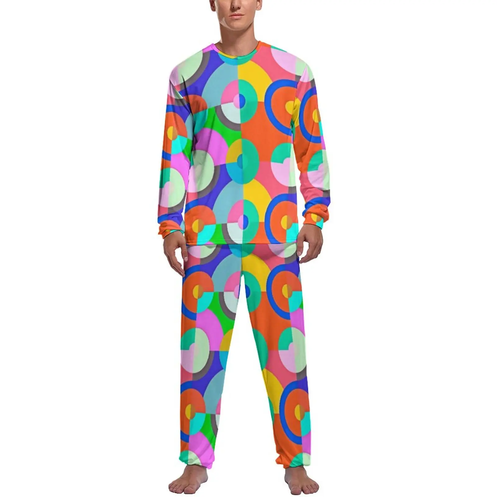 Colorful Geo Print Pajamas Multi Circles Long Sleeve Kawaii Pajamas Set 2 Pieces Night Autumn Custom Nightwear Birthday Present