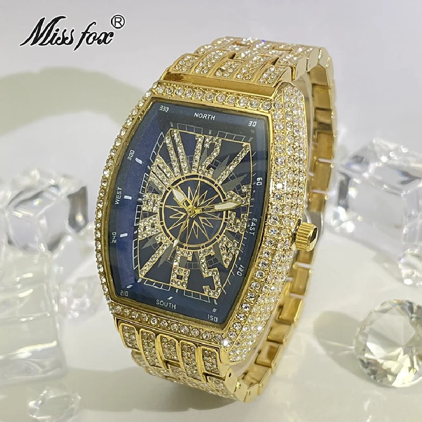 

MISSFOX Gold Watch For Mens Luxury Brand Waterprof Tonneau Clocks Iced Out Diamond Fashion Quartz Wristwatch Male Free Shipping