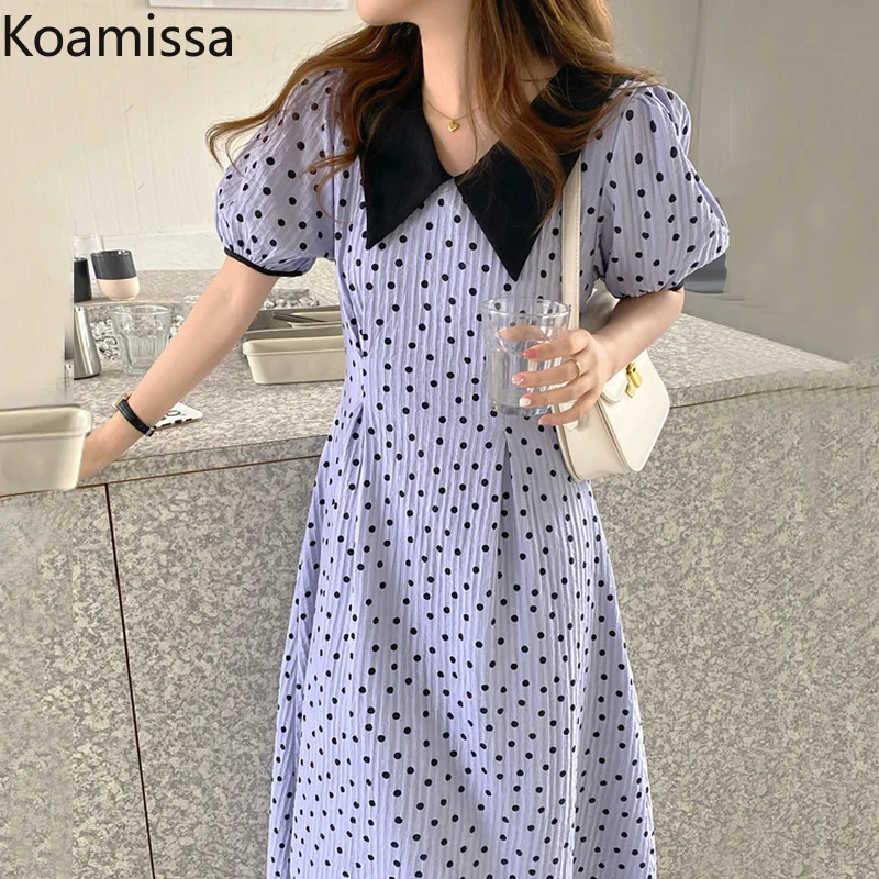 

Koamissa Summer Retro Patchwork Long Dresses for Women Turn-down Collar Puff Sleeve High Waist Slim Korean Chic Bodycon Vestidos