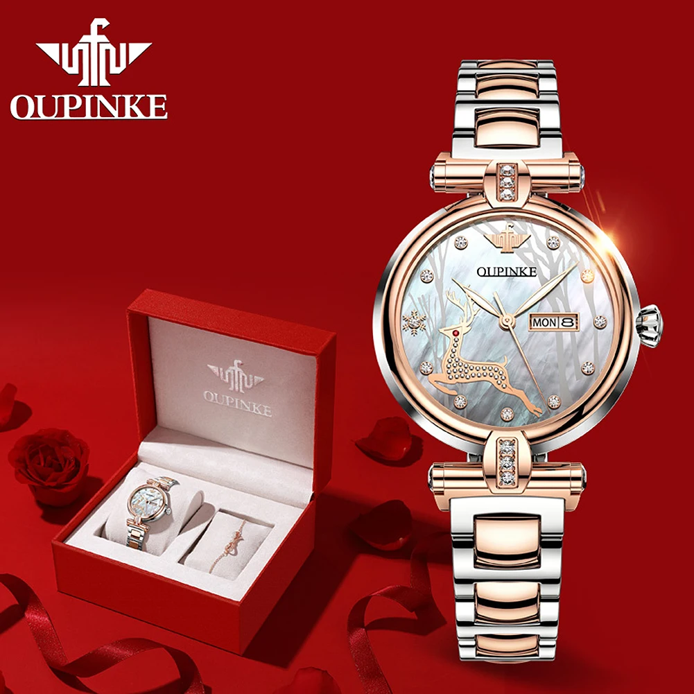 Enlarge OUPINKE Mechanical Women Watch Switzerland Luxury Brand Waterproof Sapphire Crystal Ladies Wristwatch Necklace Bracelet Gift Set